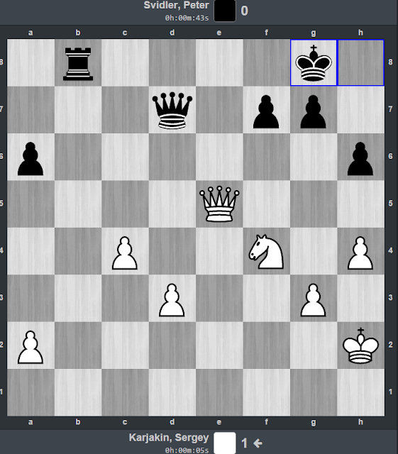 Posición tras realizar Svidler Rg8 dejando la torre de b8 a merced de la dama blanca.