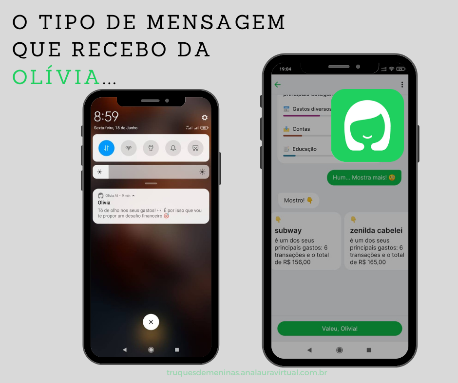 mensagens que Olívia já me mandou no app de organizacao financeira