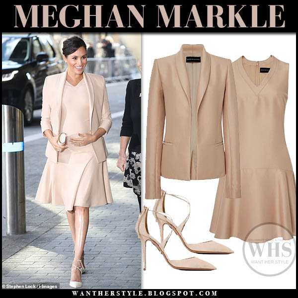 Meghan Markle in beige blazer and beige mini dress at National Theatre on  January 30 ~ I want her style - What celebrities wore and where to buy it.  Celebrity Style