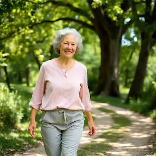 Smiling senior woman walking outdoors pain-free and relaxed"
