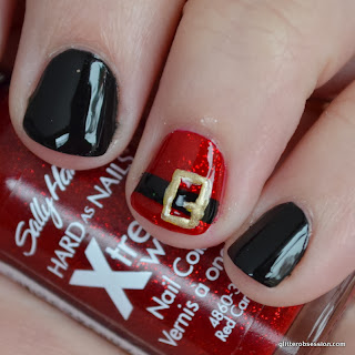 christmas nail art, santa belt nail art, sally hansen red carpet, sally hansen black heart