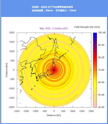 おおたかどや山標準電波送信所 電界強度予想マップ