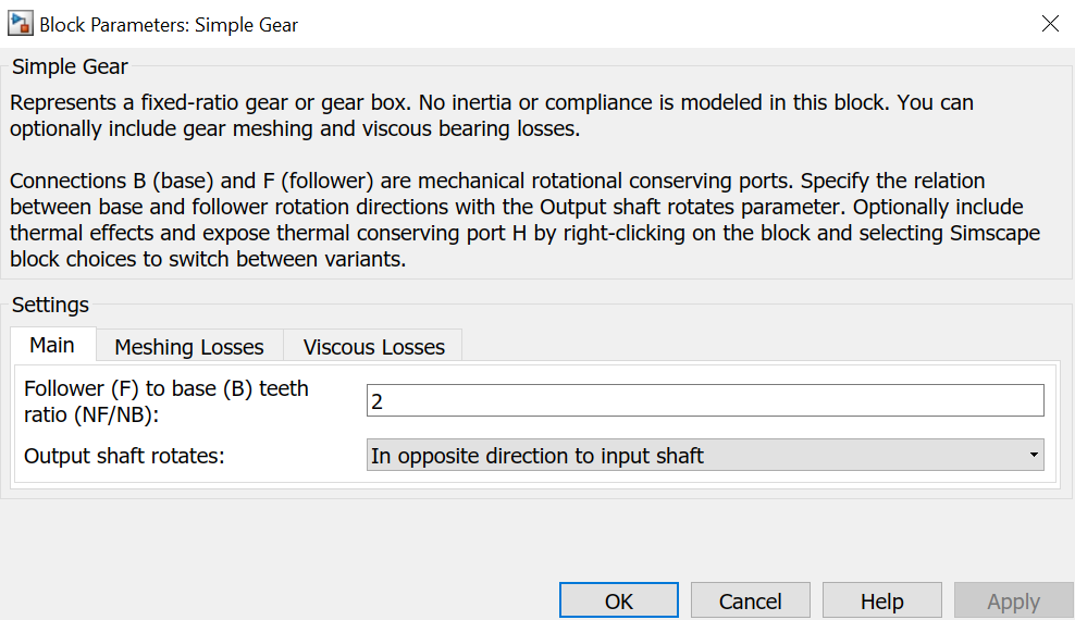 Simscape simple gear box model block