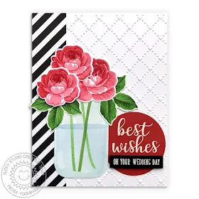 Sunny Studio Stamps: Everything's Rosy Red, Black & White Rose Wedding Card (using Background Basics, Everyday Greetings, Vintage Jar stamps & Quilted Hearts embossing folder