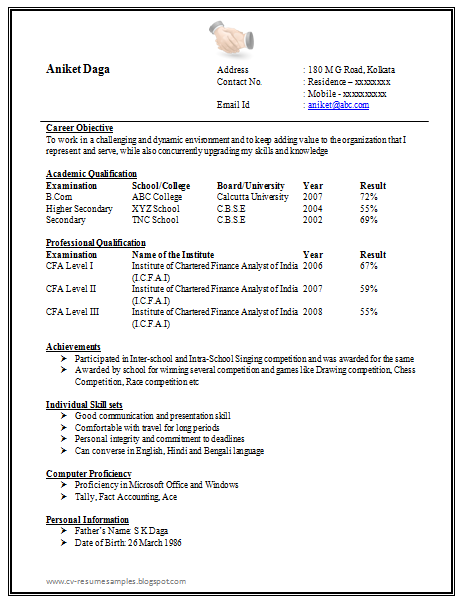 1 Page Resume Format For Freshers