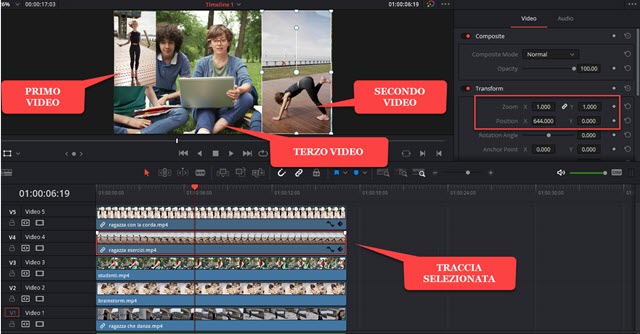 posizionamento dei video in uno schermo con davinci resolve