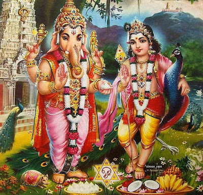 Ganesha and Murugan in blessing posture with Pazhani temple on background