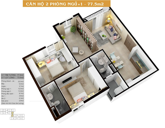 Thiết kế căn hộ Auris City diện tích 77.5m2