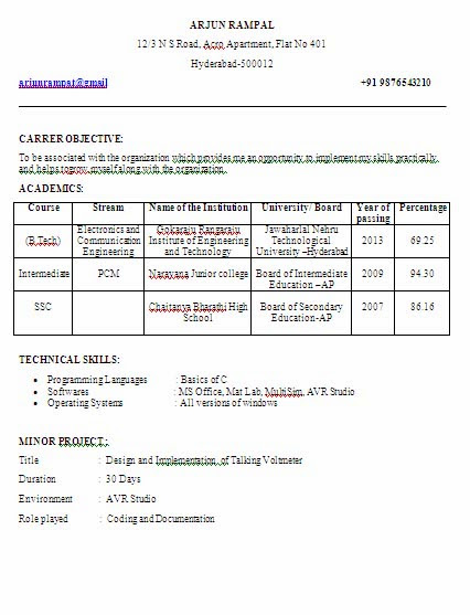 ... Engineering(ECE) fresher Final Year Sample Resume Formate