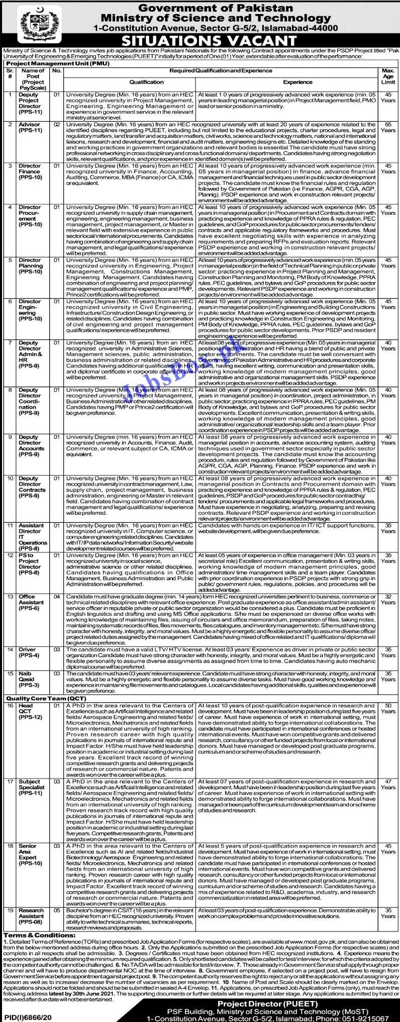 Latest Jobs in Ministry of Science and Technology MOST 2021