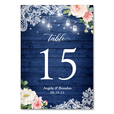  Rustic Blue Mason Jar Lights Lace Floral Wedding Table Number