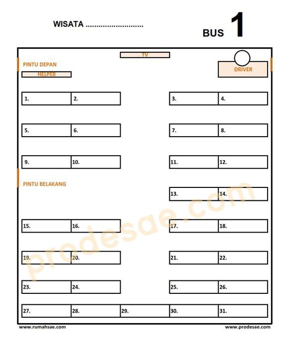 Denah Kursi Bus Pariwisata Medium yang Pintu Belakangnya di Tengah File Excel