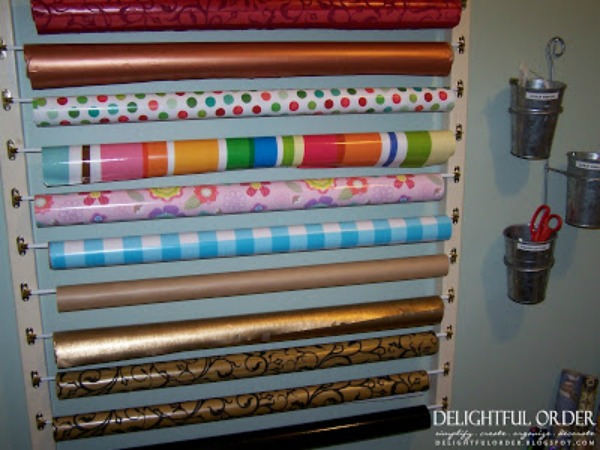 8. Sweet and simple: I love this wrapping station because it gives a great tutorial on how to hang large quantities of wrapping paper for a wonderful, neat appearance, and easy access anytime. 