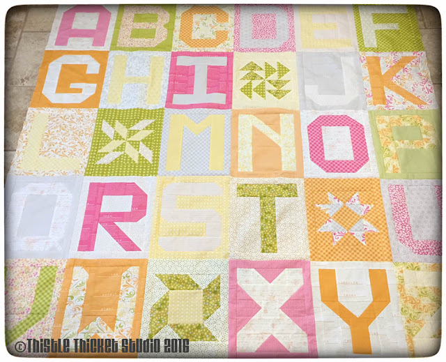 ABC quilt, Spell It With Moda, Moda Bake Shop Birthday QAL, Sunkissed fabric, Thistle Thicket Studio, quilts, quilting, letter quilt blocks