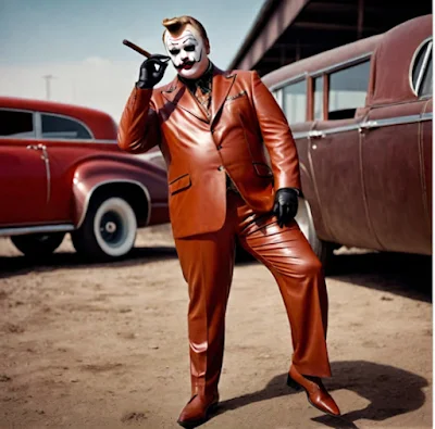 John Wayne gacy dressed as a clown and wearing an orange leather suit smoking a cigar outside at an old fashioned car show