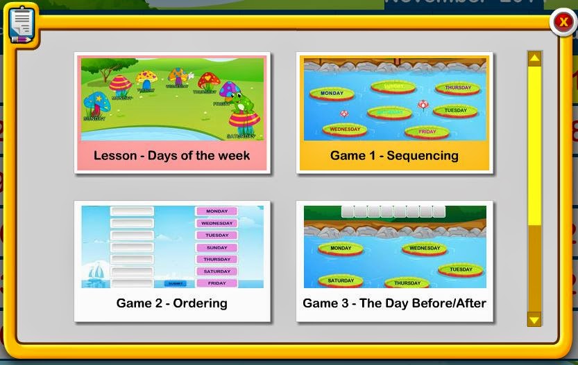 http://www.turtlediary.com/kindergarten-games/math-games/days-of-the-week.html