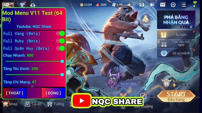 MOD Menu Liên Quân v11 Beta | Full Vàng,Ruby,Quân Huy,Chạy Nhanh,Đánh Nhanh, 100% Chí Mạng....