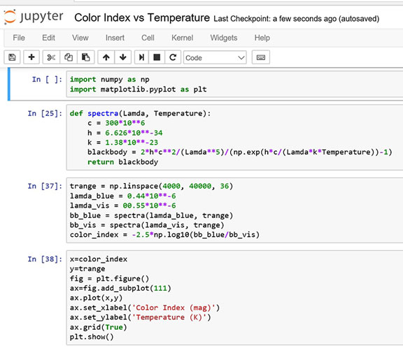 Python code for calculating temperature for given B-V color index (Source: Palmia Observatory)