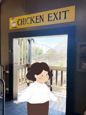 A cartoon white woman with dark hair in a brown skirt and white shirt stands in a photograph of a non-cartoon doorway with a rollercoaster in the background. Above the doorway is a sign that says "Chicken Exit."