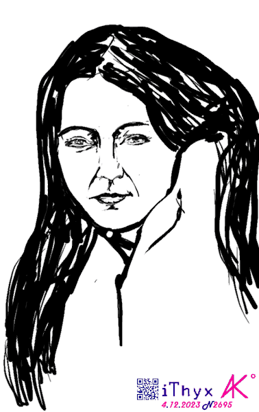 Молодая женщина, с длинными волосами, распущенными поверх бледно голубой куртки. Автор рисунка: художник #iThyx