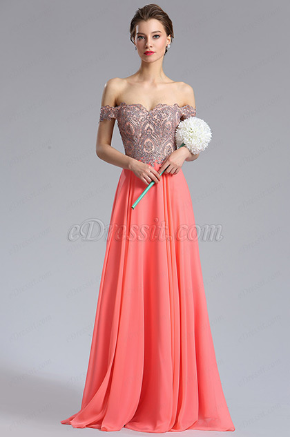 eDressit Coral Off Shoulder Beaded Women's Prom Dress