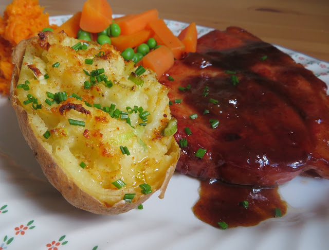 Glazed Bacon Chops with Champ Stuffed Potatoes