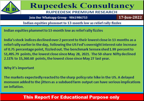 Indian equities plummet to 13-month low as relief rally fizzles - Rupeedesk Reports - 17.06.2022