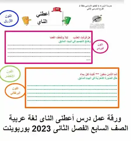 ورقة عمل درس أعطنى الناى لغة عربية الصف السابع الفصل الثانى 2023 بوربوينت