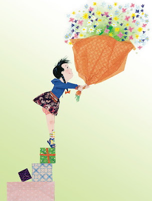 illustration of a girl presenting a bunch of flowers for mothers day by robert wagt