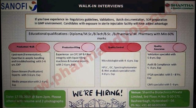 Sanofi - Shantha Biotech | Walk-in interview for Multiple Departments | 17th March 2019 | Hyderabad