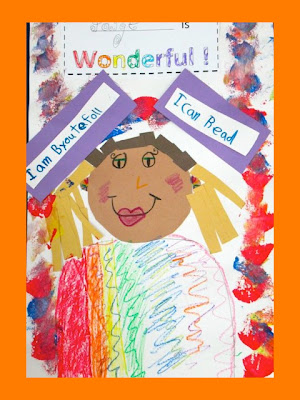 Kindergarten Self-Portraits in Response to picture book & song "You're Wonderful" by Debbie Clement