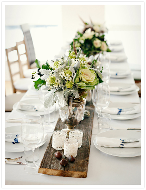 I think I'd have rustic style tables with white bone china I like the idea