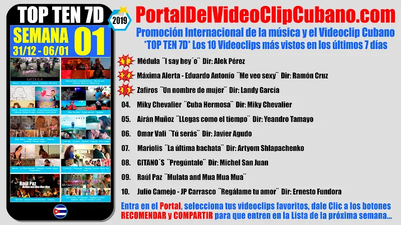 Artistas ganadores del * TOP TEN 7D * con los 10 Videoclips más vistos en la semana 01 (31/12 a 06/01 de 2019) en el Portal Del Vídeo Clip Cubano