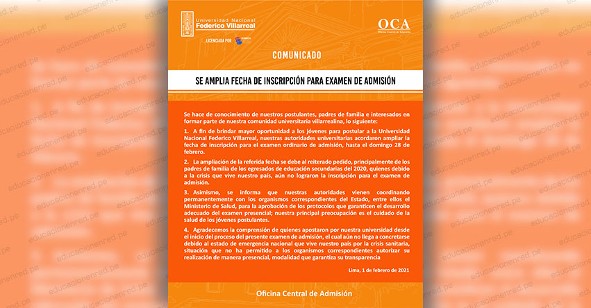 UNFV 2021: Amplían Fecha de Inscripción para Examen de Admisión a la Universidad Federico Villarreal [COMUNICADO OFICIAL] www.unfv.edu.pe