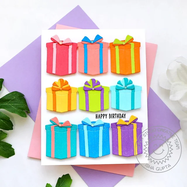 Sunny Studio Stamps: Perfect Gift Boxes Birthday Card by Isha Gupta