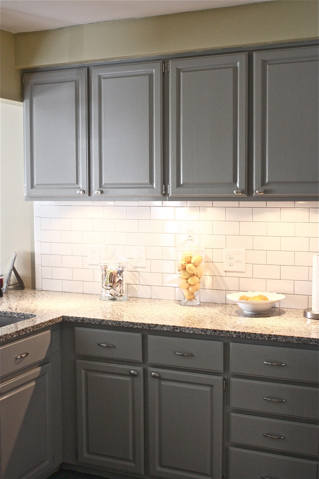 Grey Kitchen Cabinets with White Subway Tile