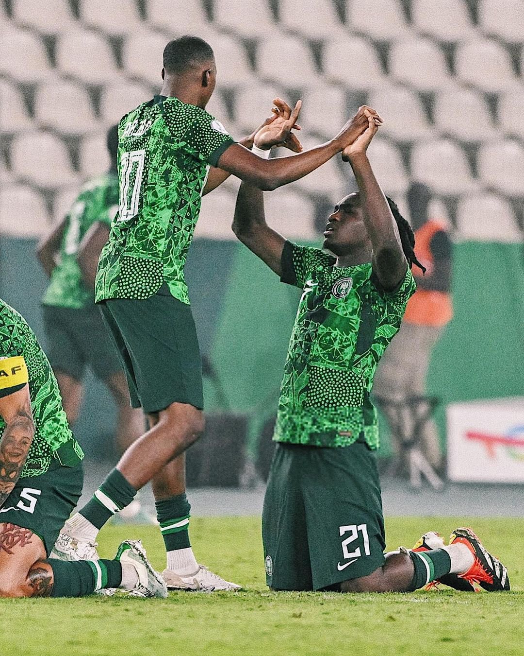 Super Eagles defender, William Troost-Ekong, celebrates with teammates after Nigeria reached the final of the 2023 CAF Africa Cup Of Nations (AFCON) after beating South Africa in the semi finals on Wednesday 7 February, 2024 at Stade Bouaké