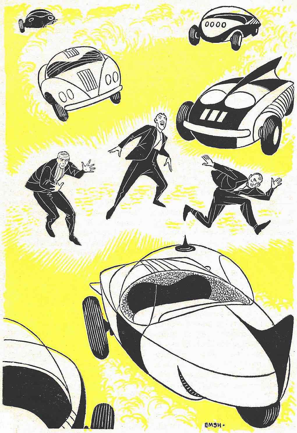 an Ed Emshwiller illustration of future cars