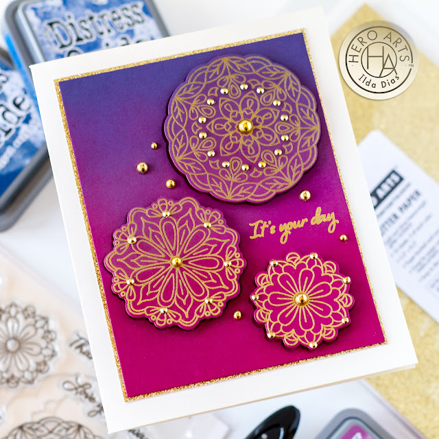 Floral Mandala Bundle, It's Your Day, Hero Arts,  Add Ons, Card Making, Stamping, Die Cutting, handmade card, ilovedoingallthingscrafty, Stamps, how to,Ink Blending,gold embossing,