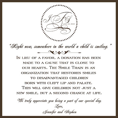 Above the favor tag design Jennifer and Stephen made a donation for 