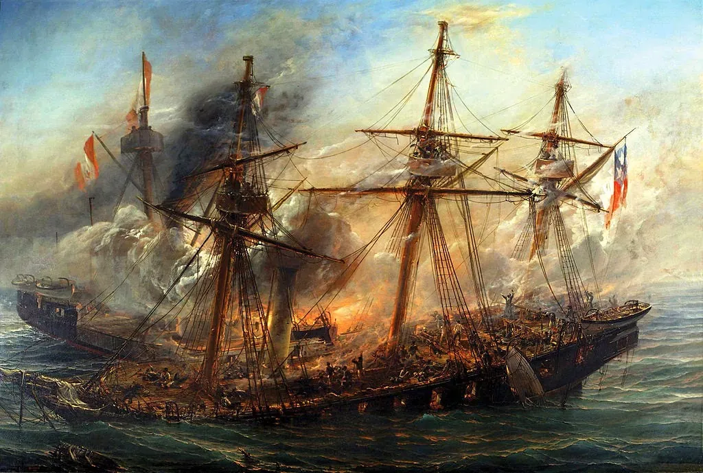 Imagem do Combate Naval de Iquique, retratado por Thomas Somerscales, com navios de guerra chilenos e peruanos em confronto.