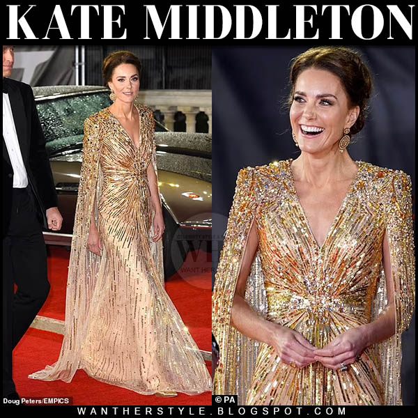 Kate Middleton in gold embellished dress and gold pumps at No Time To Die premiere