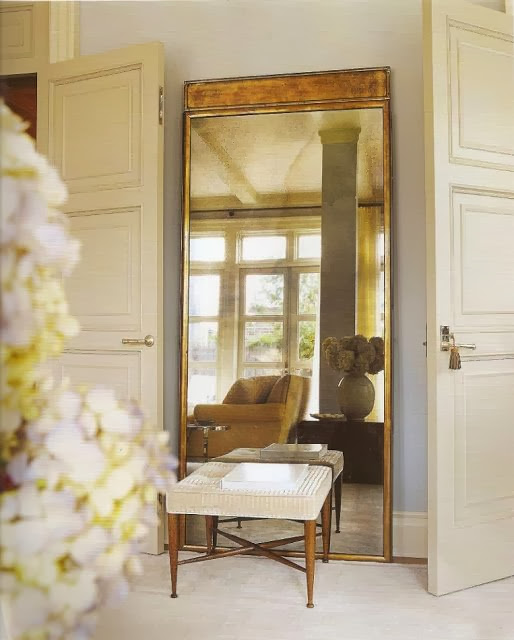vignette styling bench oversized gold floor mirror