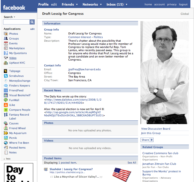 Facebook screenshot of Lessig for congress group