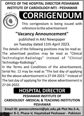 Jobs in Peshawar Institute of Cardiology PIC