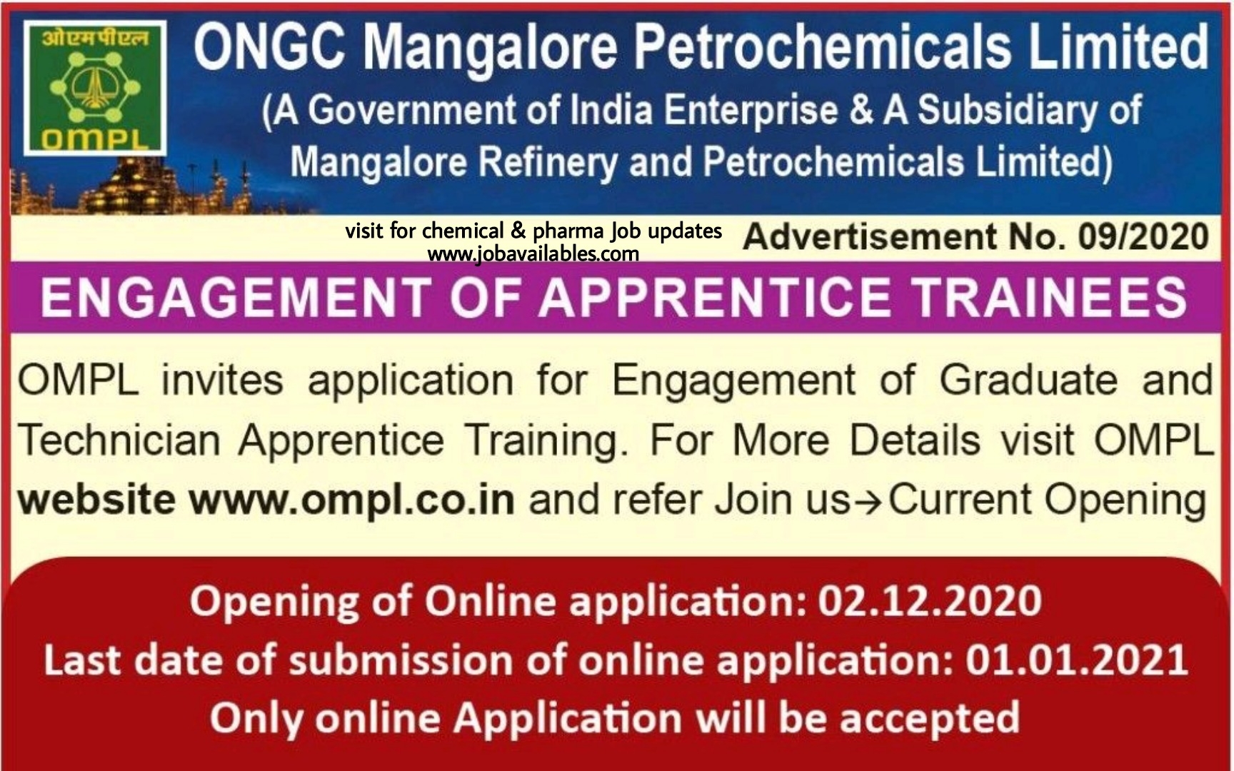 Job Availabls, ONGC Mangalore Petrochemicals Ltd Job Opening For Apprentice Trainees