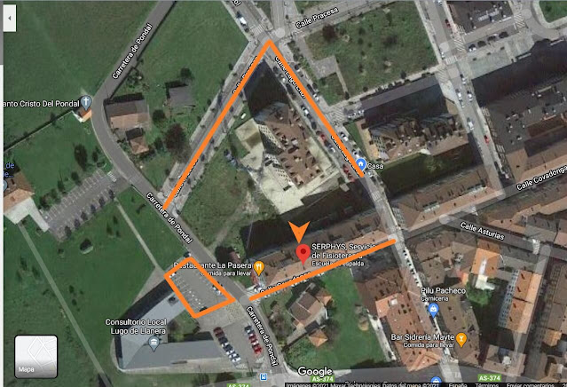 Mapa con zonas de aparcamiento cerca de un centro de fisioterapia en Llanera