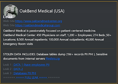 OakBend Medical data breached by Daixin Team.