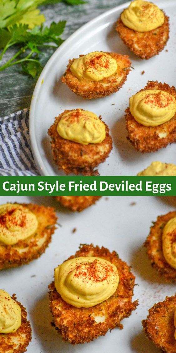 A crisp Panko breading that’s been tossed with gumbo seasoning, salt, and pepper, coats every one of these crispy deviled eggs. Piped with a smooth Cajun spiced filling, they’re then sprinkled with smooth smoked paprika for the full effect. #appetizer #recipe #appetizerrecipe