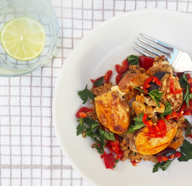 Sweet Potato, Aubergine & Turkey Bake